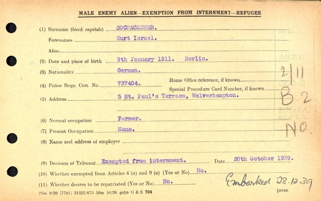 Entlassung aus der Internierung, 20.10.1939 (Quelle: Ancestry)
