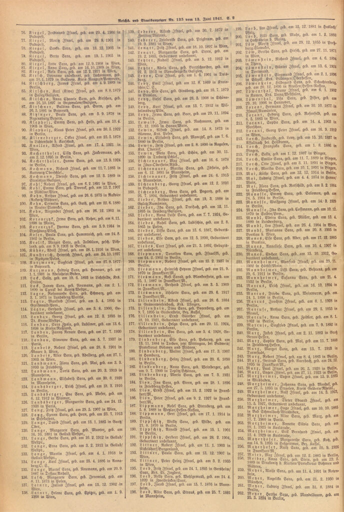 Reichs⸗ und Staatsanzeiger Nr. 135 vom 13. Juni 1941: David, Margarete, Gerda, Erna und Martin verlieren die deutsche Staatsbügerschaft (Quelle: Deutsches Zeitungsportal)