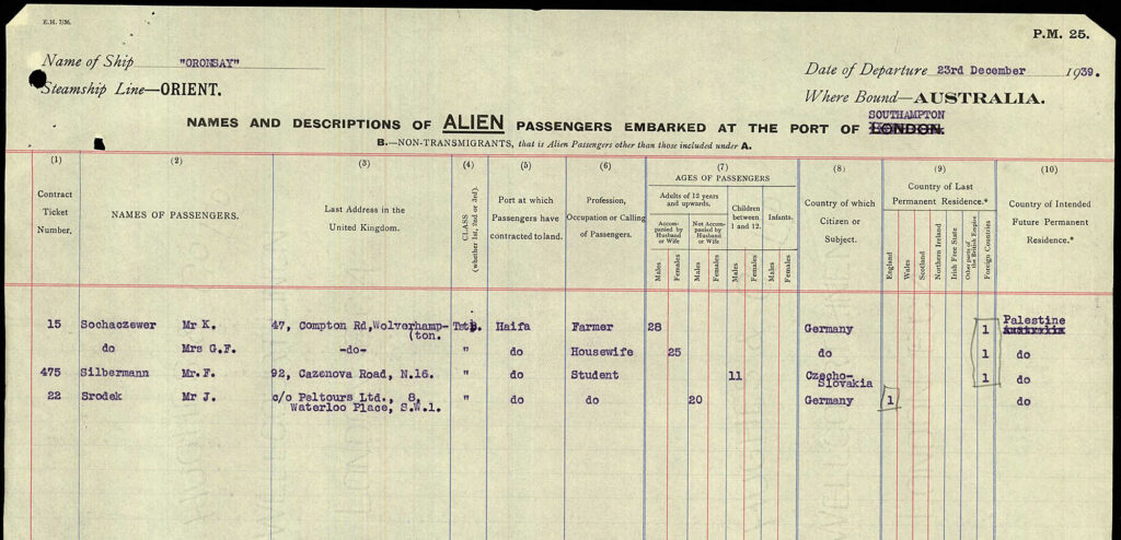 Passage vom 23.12.1939 von Southhampton nach Haifa, Palästina mit dem Schiff Oronsay (Quelle: The National Archives/Ancestry)