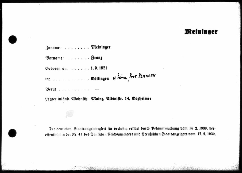 Franz – und auch seine Mutter Änne – verlieren "durch Bekanntmachung vom 14.2.1939, veröffentlicht in der Nr. 41 des Deutschen Reichsanzeigers und Preußischen Staatsanzeigers vom 17.2.1939" die deutsche Staatsbügerschaft (Quelle: National Archives and Records Administration/ancestry)