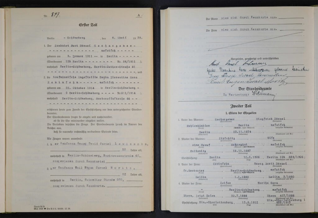 Heiratsurkunde vom 6.4.1939: Landwirt Kurt Sochaczewer heiratet die kaufmännische Angestellt Gerda Florntine Lewinsohn. (Quelle: Landesarchiv Berlin/ancestry)