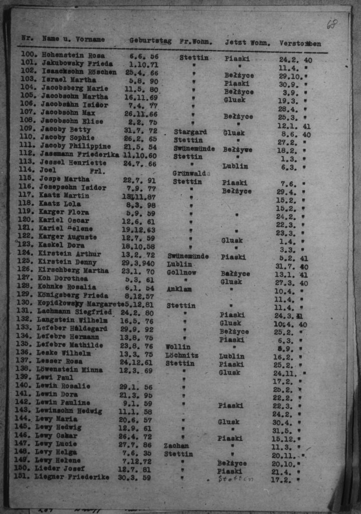 "Liste der aus Stettin ... evakuierten und verstorbenen Juden vom 16.2.1940 – 31.8.1941" (Quelle: Archiwum Państwowe w Lublinie)