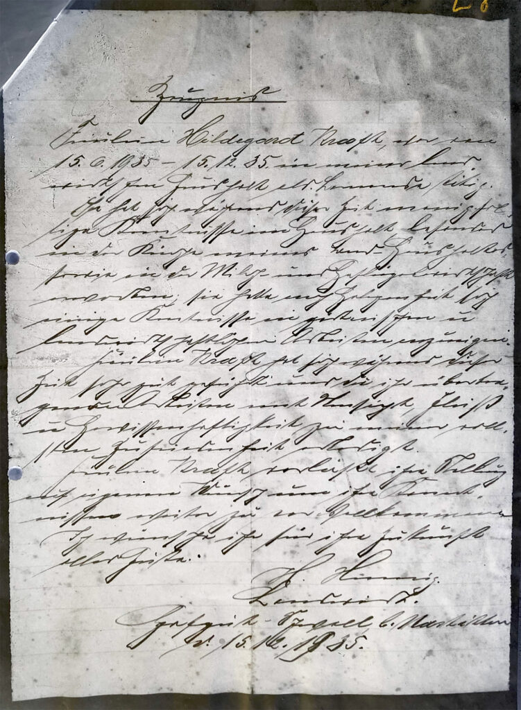 Zeugnis von Hermann Hennig, 15.12.1935 (Quelle: Landesamt für Bürger- und Ordnungsangelegenheiten, Entschädigungsbehörde: Entschädigungsakte Nr. 321.096)