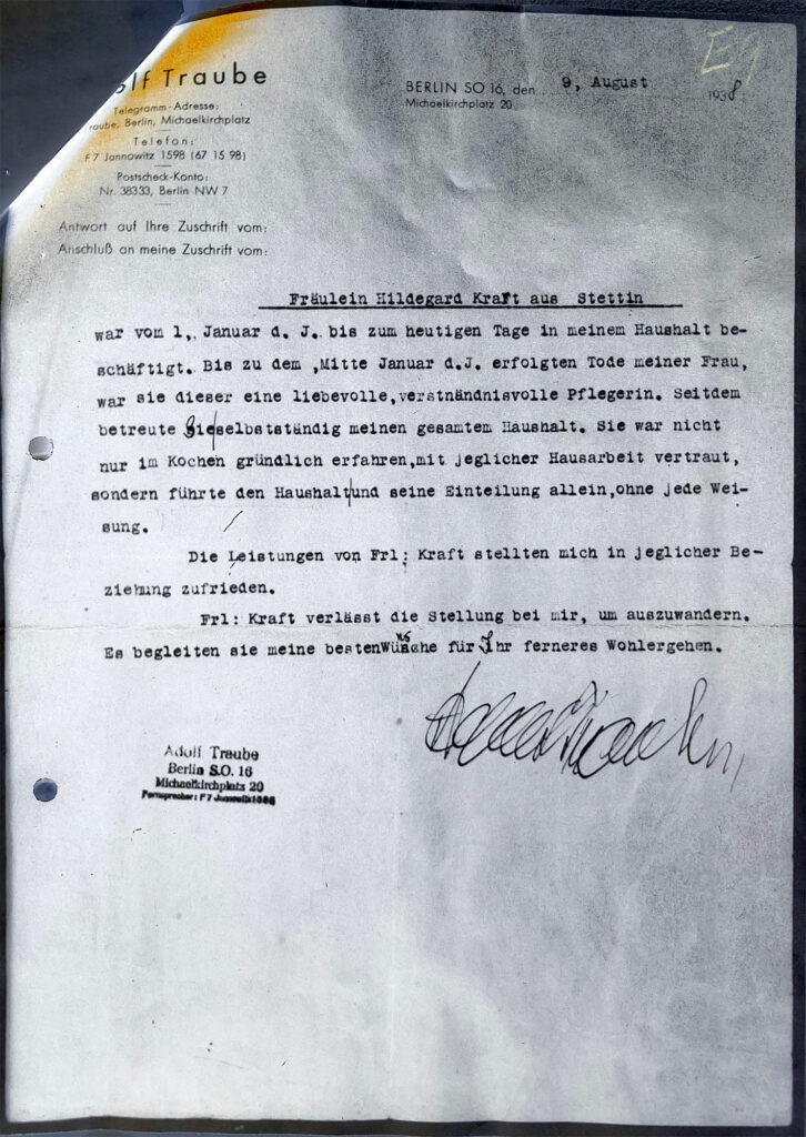 Zeugnis von Adolf Traube, 9.8.1938 (Quelle: Landesamt für Bürger- und Ordnungsangelegenheiten, Entschädigungsbehörde: Entschädigungsakte Nr. 321.096)
