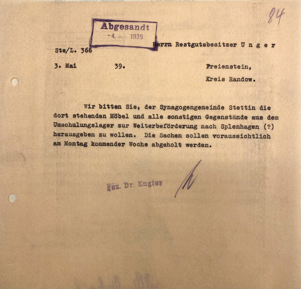 Abschrift eines Briefes mit den Stempeln "Abgesandt 4. Mai 1939" und gez. Dr. Engler"