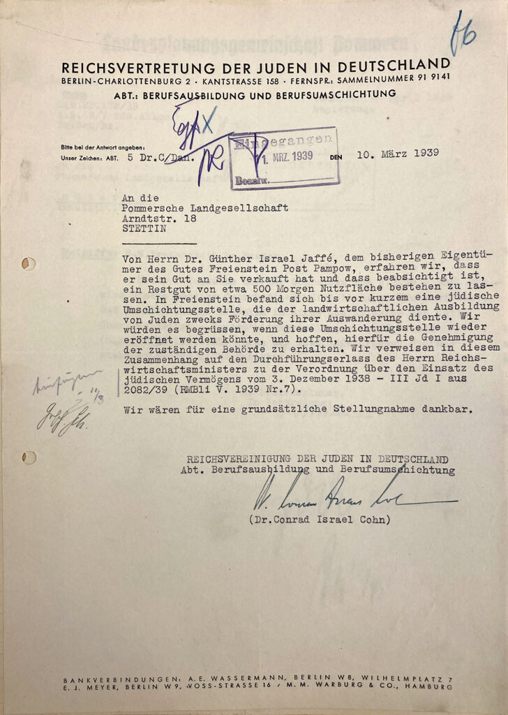 Brief an die Pommersche Landgesellschaft auf dem Briefkopf der Reichsvertretung der Juden in Deutschland 