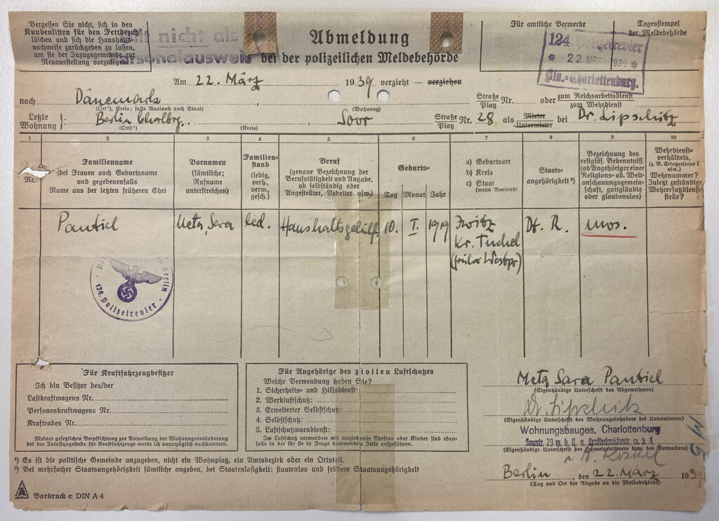 Abmeldung bei der polizeilichen Meldebehörde aus dem Haushalt von Dr. Lipschitz nach Dänemark vom 22.3.1939 (Quelle: Landesamt für Bürger- und Ordnungsangelegenheiten, Entschädigungsbehörde: Entschädigungsakte Nr. 171.532)