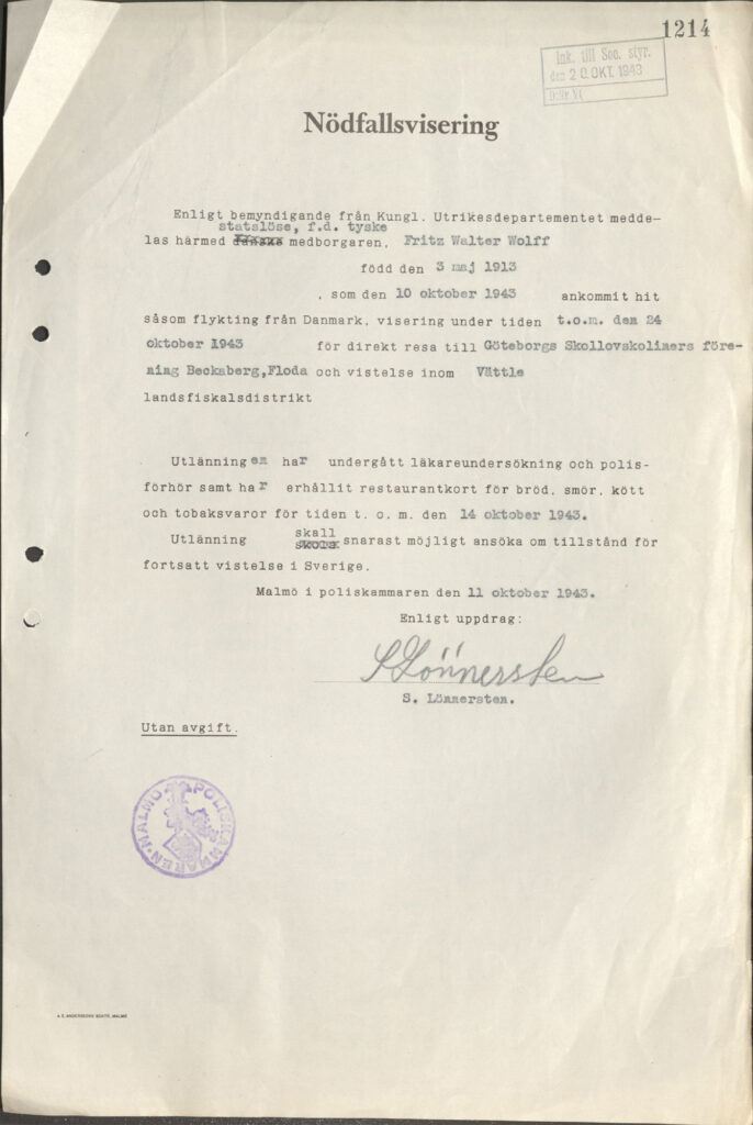 Notfallvisum, Malmö, 11.10.1943: Die Flüchtlinge aus Dänemark werden befragt und einer ärztlichen Untersuchung unterzogen. Fritz bekommt Lebensmittelmarken für Brot, Butter, Fleisch und Tabakwaren und soll so schnell wie möglich eine Aufenthaltsgenehmigung zu beantragen. (Quelle: Riksarkivet/The Swedish National Archives: Fritz Wolff, Antrag auf schwedische Staatsbürgerschaft von 1953)