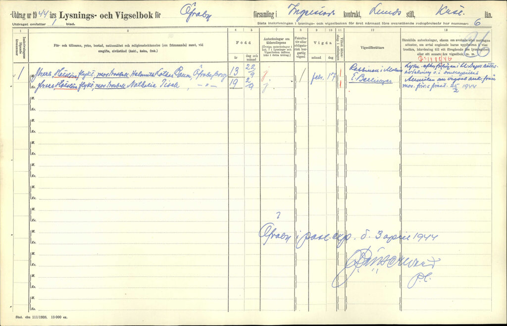 17. Februar 1944: Helmut heiratet Natalie Tisch in Övraby, mit der er bereits seit Dänemark verlobt ist (Quelle: Ancestry)