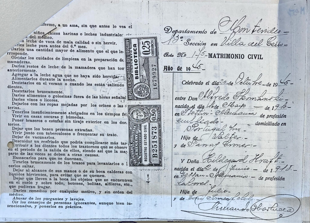 Heiratsurkunde: Die Hochzeit findet in in Montevideo, Uruguay statt. (Quelle: Landesamt für Bürger- und Ordnungsangelegenheiten, Entschädigungsbehörde: Entschädigungsakte Nr. 321.096)