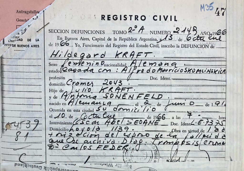 Hildegard Kraft stirbt am 10.10.1966 im Alter von 48 Jahren an einem Herzinfarkt. (Quelle: Quelle: Landesamt für Bürger- und Ordnungsangelegenheiten, Entschädigungsbehörde: Entschädigungsakte Nr. 321.096)