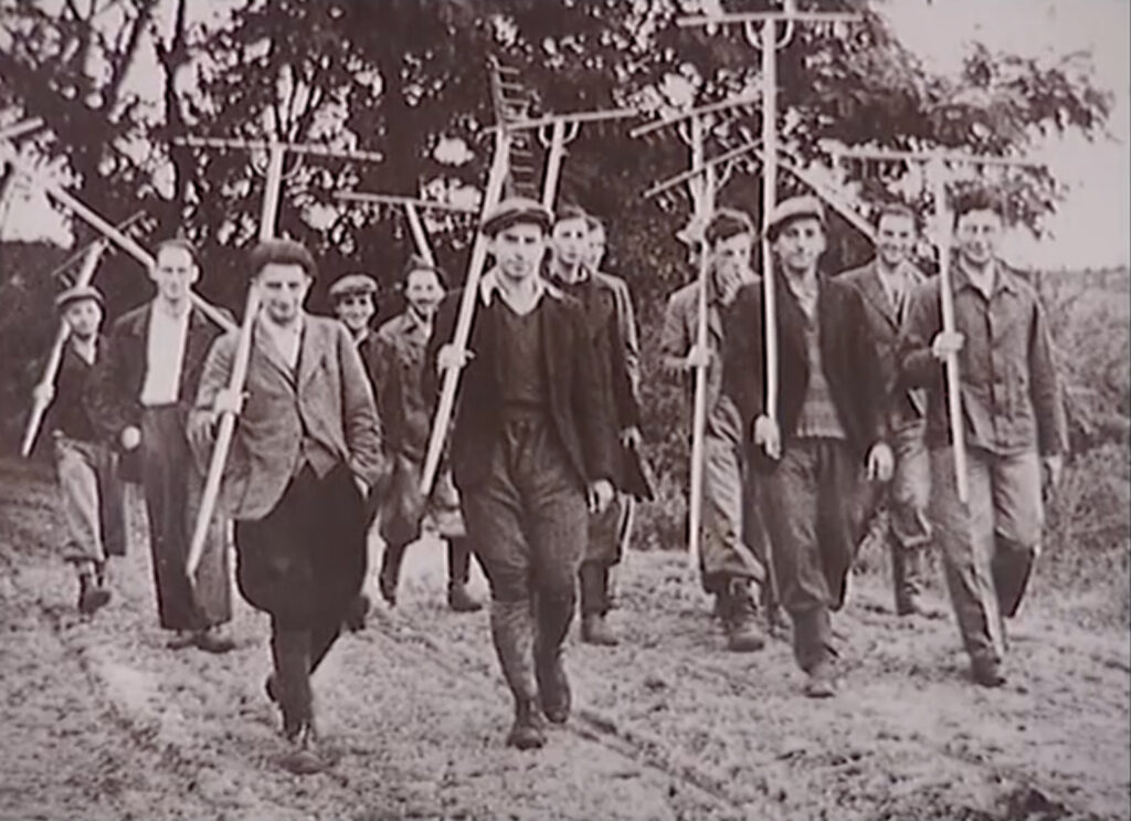 Eine Gruppe von jungen Männern mit Harken