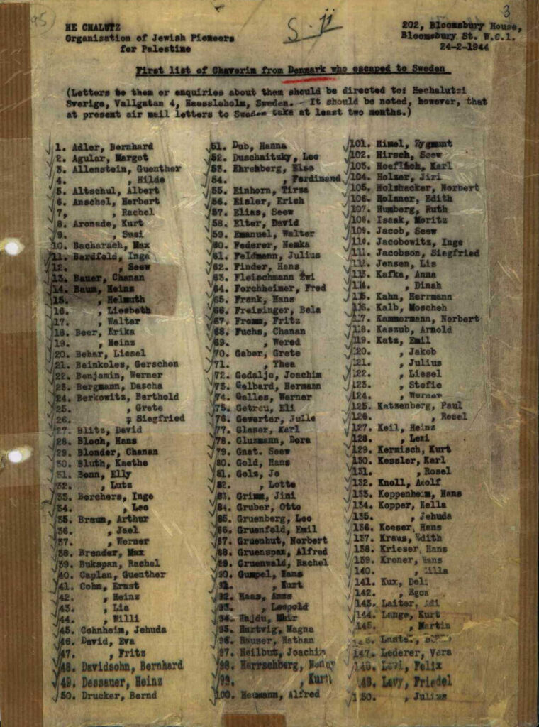 Erste Liste des Schwedischen Hechaluz in Hässleholm mit den von Dänemark nach Schweden geflüchteten Chaverim, veröffentlicht am 24.2.1944 vom Bloomsbury House in London; mit auf der Liste die "Freiensteiner" Helmut Baum, Martin Lange, Bernd Drucker und dessen spätere Ehefrau Nelly Tisch, Edith und Fritz Löwenstein sowie Heinz Schloss (Quelle: ancestry/Arolsen Archives)