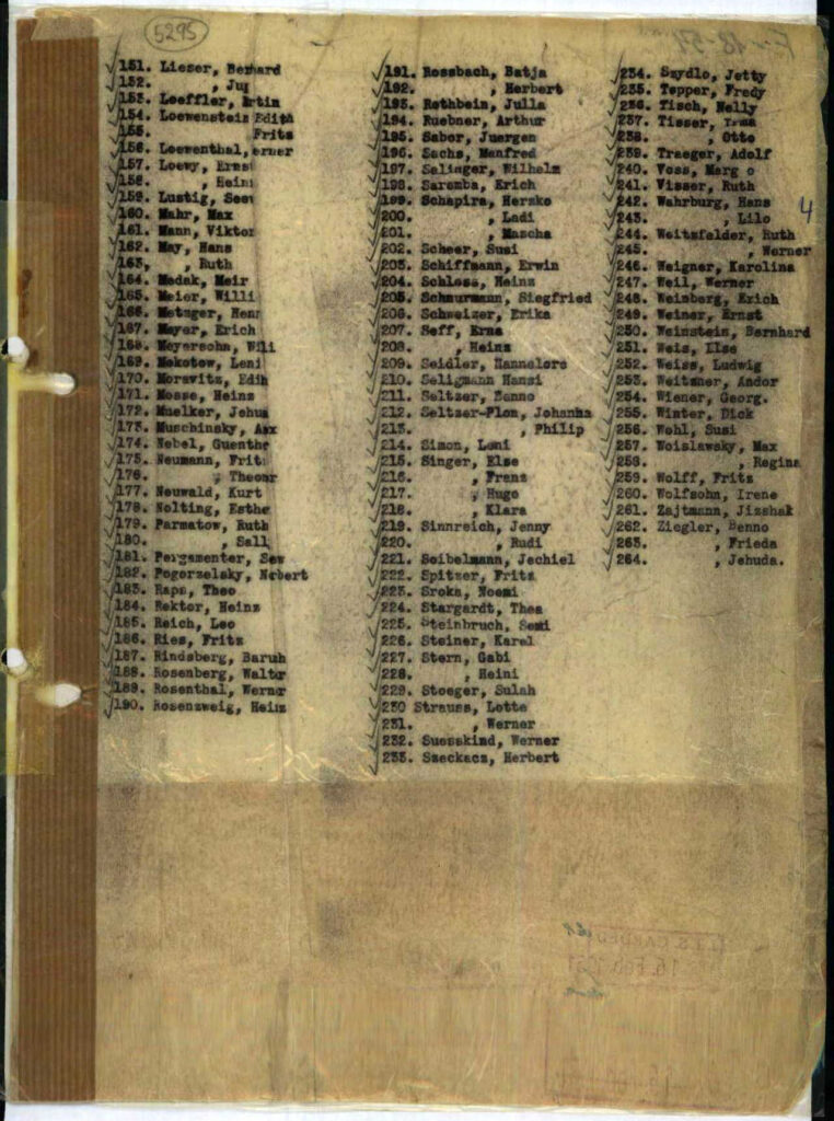 Erste Liste des Schwedischen Hechaluz in Hässleholm mit den von Dänemark nach Schweden geflüchteten Chaverim, veröffentlicht am 24.2.1944 vom Bloomsbury House in London; mit auf der Liste die „Freiensteiner“ Helmut Baum, Joachim Gedalje, Martin Lange, Bernd Drucker und dessen spätere Ehefrau Nelly Tisch, Ehemann Fritz Löwenstein sowie Heinz Schloss (Quelle: Ancestry/Arolsen Archives)